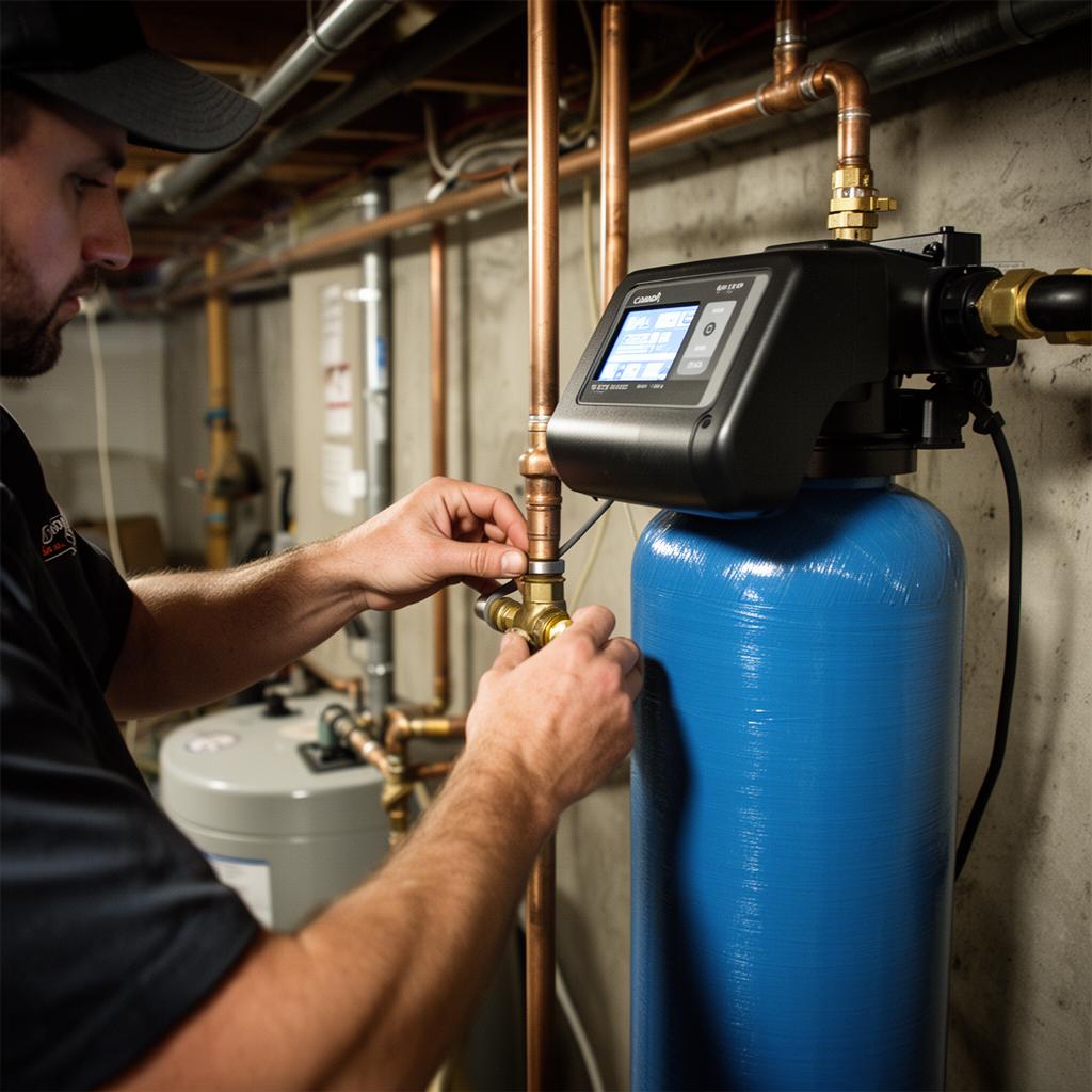 Water treatment installer at work